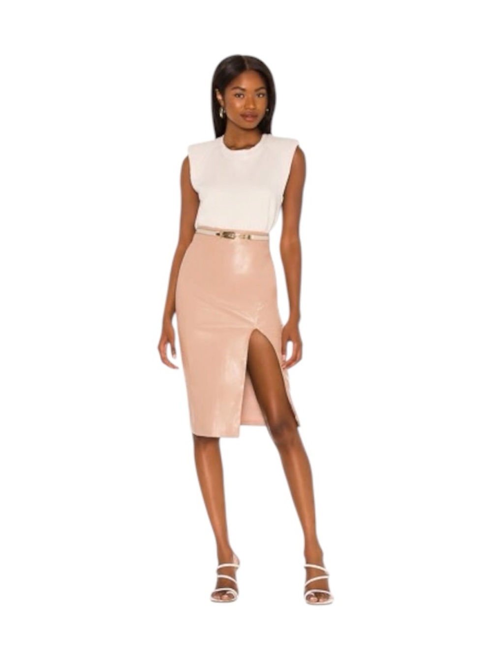 Superdown Jezabel Faux Leather Midi Skirt Nude Tan Pencil Skirt Size Small